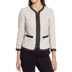 Anne Klein Braided Trim Speckled Tweed Jacket 8 Black Cream